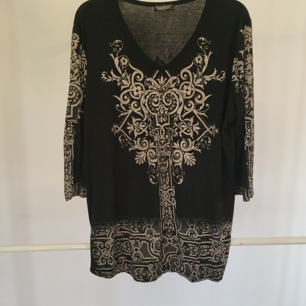 Vanilla Sugar Women's V Neck 3/4 Sleeve Black/Tan/Rhinestone Top